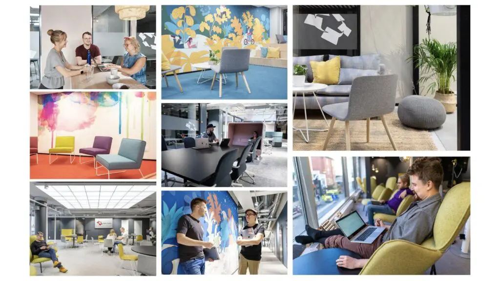 Coworking-tilan hyvät puolet kuvakollaasina