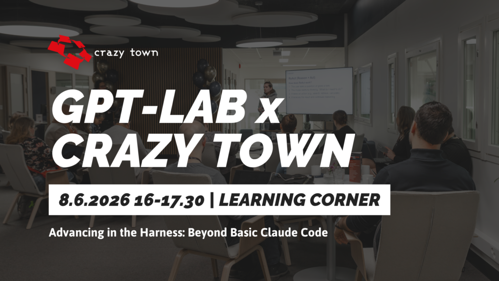 Participants collaborating in an AI workshop at Crazy Town Tampere focused on Claude Code and AI-native workflows.