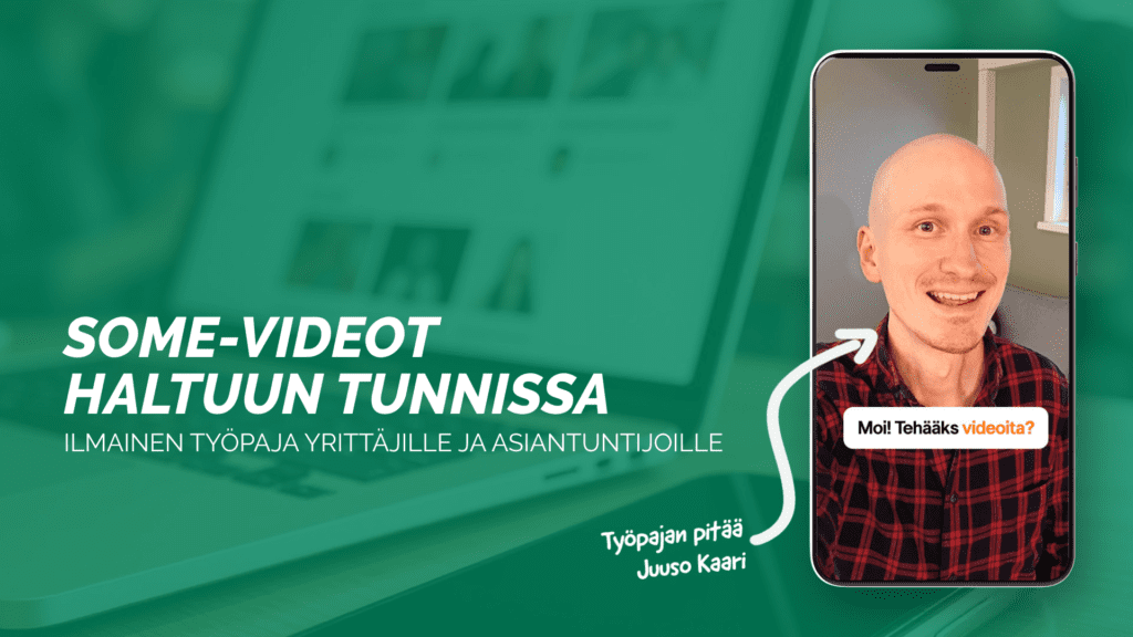 Työpajan vetäjä Juuso Kaari esitettynä kännykän näytössä tapahtuman Somevideot haltuun tunnissa - työpaja yrittäjille ja asiantuntijoille otsikon kanssa